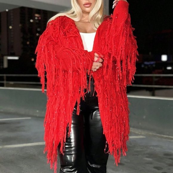 Red Preppy Womens Fringe Trim Open Front Cardigan - Picture 1 of 6